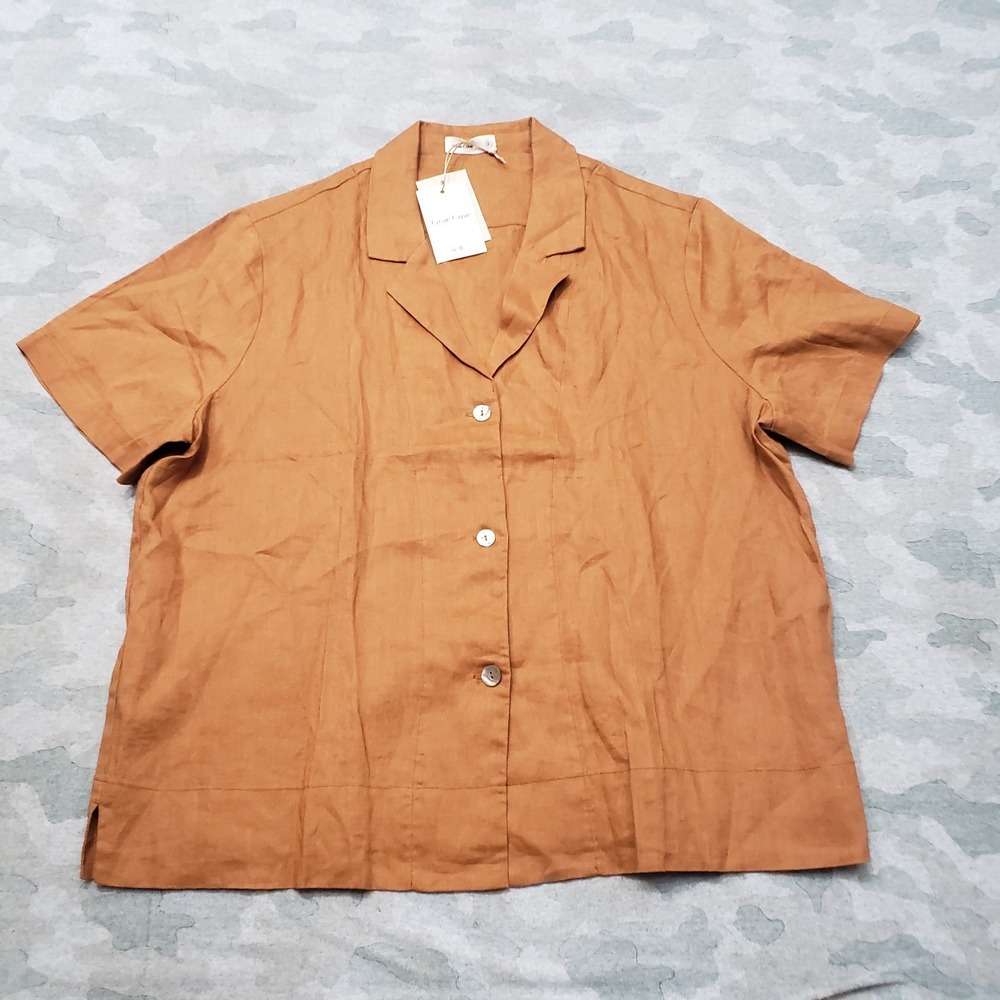 Grae Cove Top Womens XL Brown 100% Linen Short Sleeve Button-Up NWT